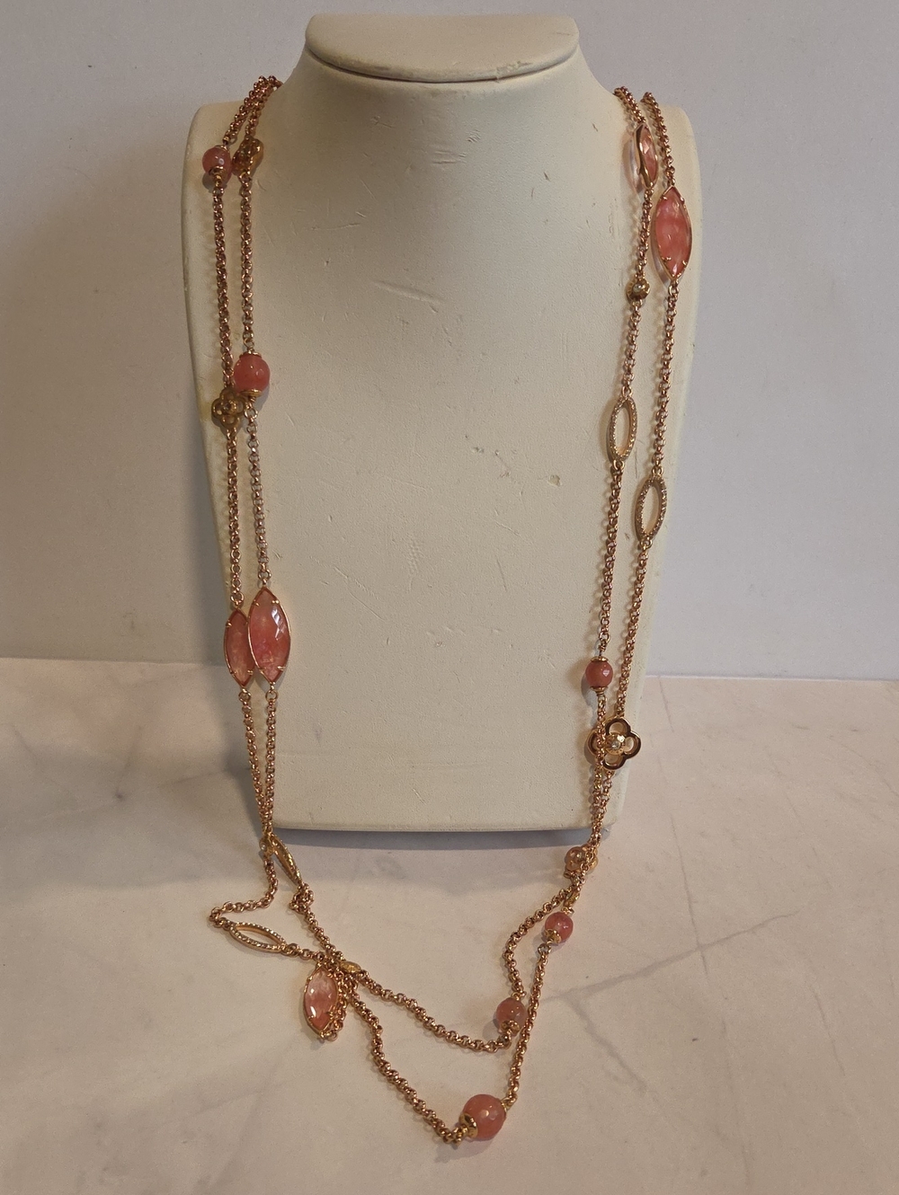 Henri Bendel Long 2-Strand Rose Gold Necklace with Faceted Pink Stones